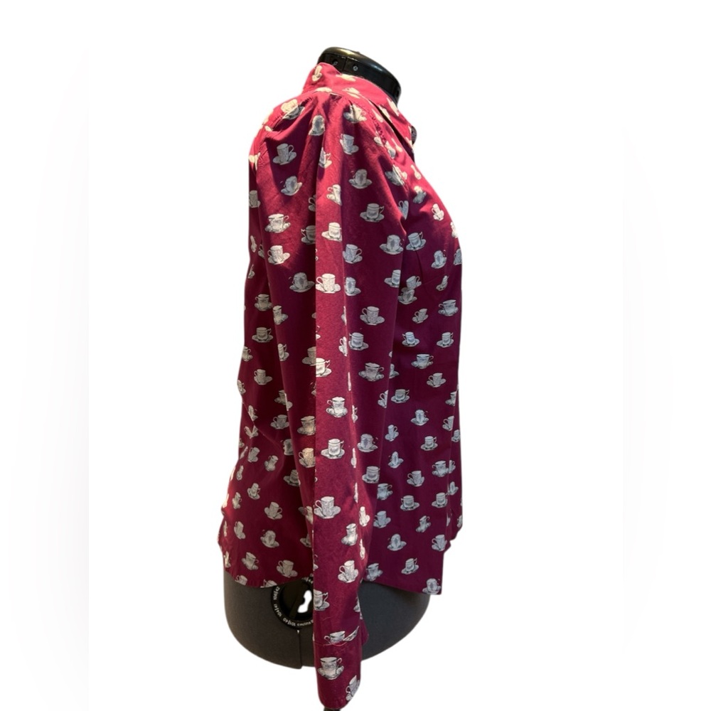 TALBOTS Tea Cup Print Cotton Preppy Maroon Tea
Time Button Down Blouse Large - Picture 3 of 7